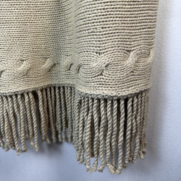 Lands End large XL Poncho Sweater Tan Pullover Cable Knit Fringe Wool Blend - Picture 3 of 9